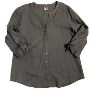 Anne Klein Women's Sz M Nantucket Gray Button Down Blouse 3/4 Sleeve Linen NWOT